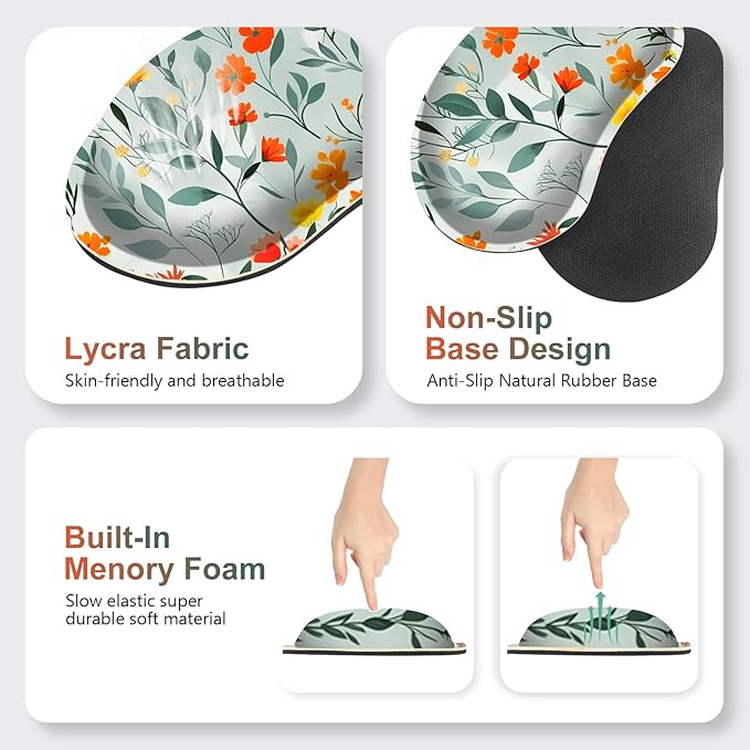 Large Gaming Mouse Pad Set 4 in 1 Ergonomics Keyboard Desk Mat Memory Foam Wrist Rest Computer PC Extended Game Mousepad Non-Slip Desk Matt Easy Typing Pain Relief I Blooming Orange Florals