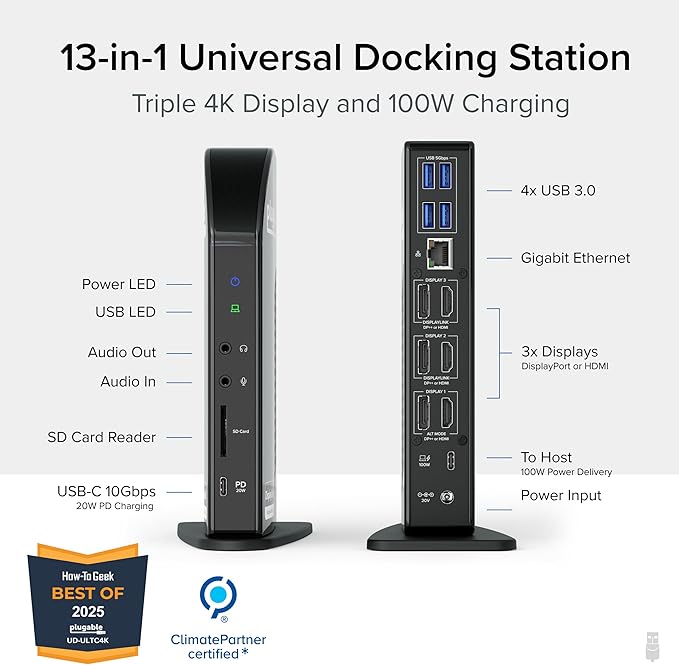 Plugable 13-in-1 USB C Docking Station 4K Triple Monitor with 100W Power Delivery | USB C Dock for Windows Mac ChromeOS Thunderbolt | Driver Required | 3X HDMI and 3X DisplayPort (UD-ULTC4K)