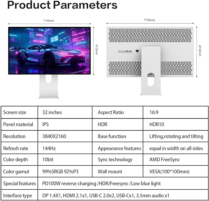 P32K 32 inch FHD (3840 x 2160) 4K 144HZ Gaming Monitor IPS Black Panel 1.07 Billion Colors 99% sRGB 5msHDR10G-Sync FreeSyncHDMIDPVESA178° Viewing Angle (Honeycomb - Without Stand)