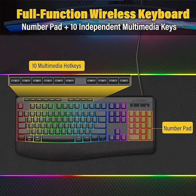 Wireless Bluethooth Gaming Keyboard8 RGB Backlit light upSilent Touch Less Noise 95%Ergonomic Wrist RestUSB C RechargeableTri-mode BT5.0/2.4GHz/WiredFor PC Computer/Mac/Laptop/IPad/Xbox/PS5