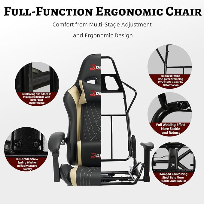 Ergonomic Gaming Chair with Footrest and Lumbar Massage Racing Office Chair High Back Computer Desk Chair with Headrest Pillow for Adults Video Game Chair for PC Gamer (1001-Beige)