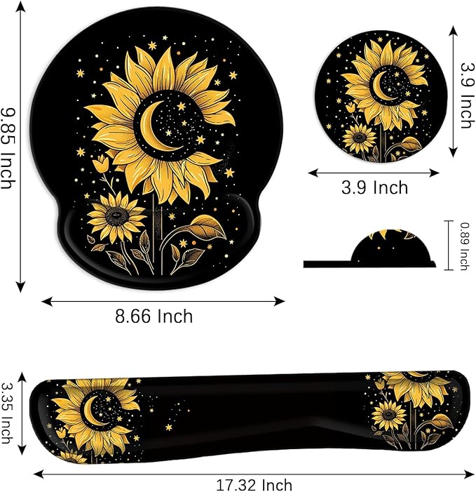 Mouse Pad Wrist Support and Keyboard Wrist Rest Pad with CoasterNon-Slip Rubber Base Ergonomic Gaming Mousepad for Home Office Working Studying Easy Typing &amp Pain ReliefSunflower Moon Star