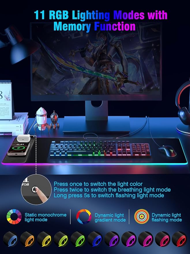Miroddi RGB Mouse Pad with Wireless Charging Gaming Mousepad 31.5x15.75 Extra Large Desk Mat 13 Light Modes Non-Slip Rubber Base Ultra-Smooth Surface Keyboard Mat for PC MacBook Laptop