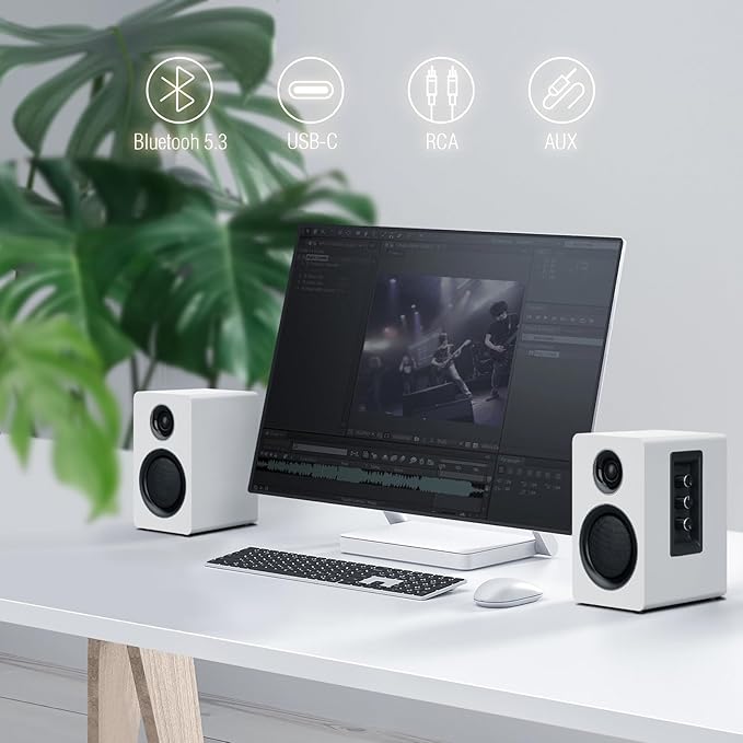 Computer Speakers for Desktop PC Active Bookshelf Speaker with 3‘’ Carbon Fiber Woofer and Silk Film Tweeter Supports Bluetooth 5.3 USB-C AUX/RCA Input for Record Player TV - White Stereo Set
