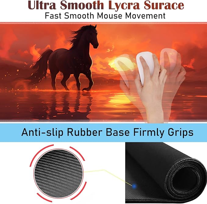 Large Gaming Table Pad 31.5 x 11.8 + Keyboard Wrist Pad + Mouse Wrist Pad + Coaster Non-Slip Base 4-in-1 Set Ergonomic Memory Foam Easy Typing Pain Relief Sunset Horse