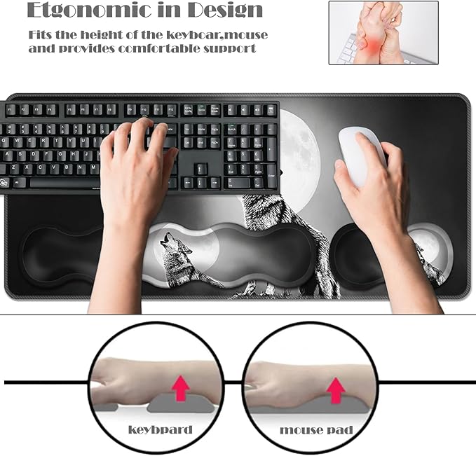 Ergonomic Keyboard Wrist Rest &amp Mouse Pad Wrist Rest SetXL Gaming Desk Mat 31.5x 11.8Non-Slip BaseMemory FoamEasy Typing Pain Relief for Office &amp HomeHowling Wolf in Moonlight