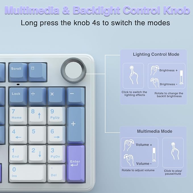 AULA F99 Pro Wireless Mechanical Keyboard with KnobCreamy SoundTri-Mode BT5.0/USB-C/2.4GHz Hot Swappable KeyboardGasket StructureRGB Backlit Computer Gaming Keyboards