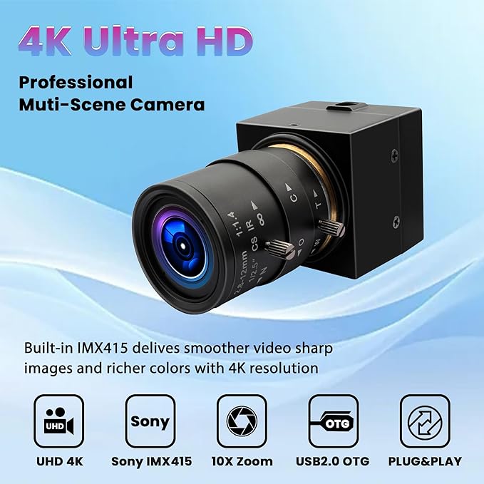 4K Wide Angle Varifocal Zoom Lens Webcam Ultra HD 2160P 30fps Plug and Play USB Computer Camera for Windows/Linux/Raspberry Pi/Mac