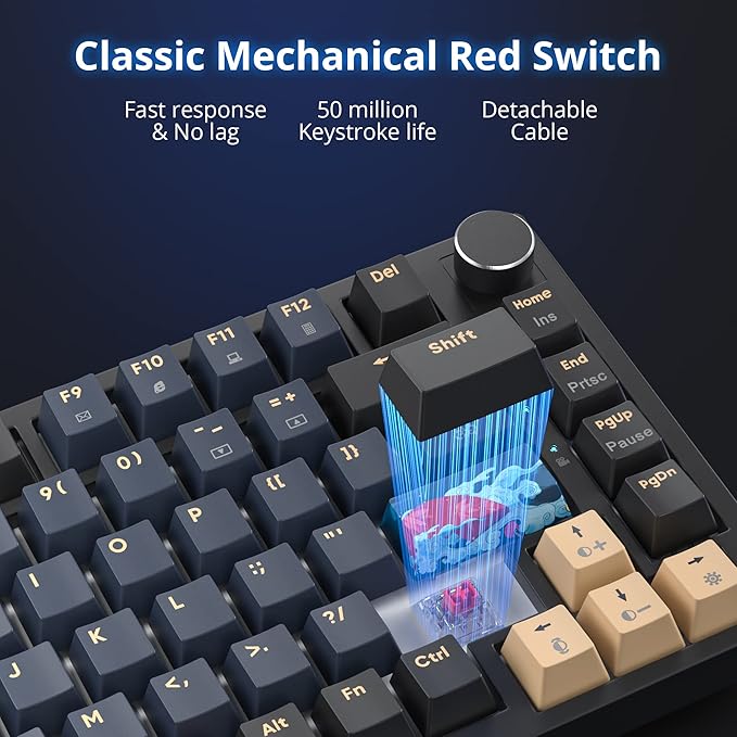 BlueSamurai 75% Wired Mechanical Gaming Keyboard - Hot Swappable Red Switch RGB Backlit 82 Keys TKL Mechanical Keyboard with Volume Control Knob