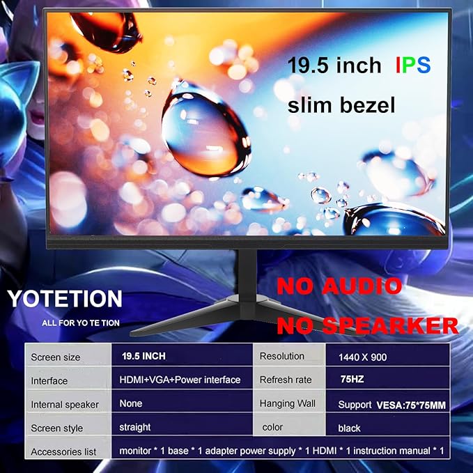 19.5inch Without Audio Professional HD Monitor (1660 x 900)2pack 60Hz Refresh Rate Visual Protection Technology Blue Light Filter and Flicker-Free Technology (HDMI and VGA Ports)