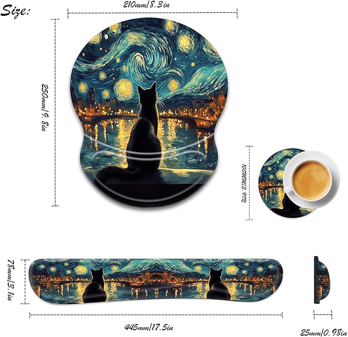 Bxgolkgd Ergonomic Gel Mouse Wrist Rest Pad and Keyboard Pad SetAnti-Slip PU Bottom Easy Typing and Relieve Wrist Pain with Cute Coaster Set (3-Starry Night with Cat)