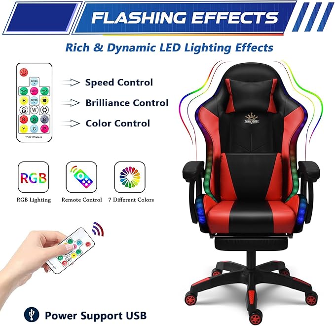 Massage Gaming Chair with Speakers Video Game Chair with RGB LED Lights Ergonomic Racing Office Chair PU Leather Recliner Computer Chair Swivel Chair with Headrest Armrest Lumbar SupportWhite