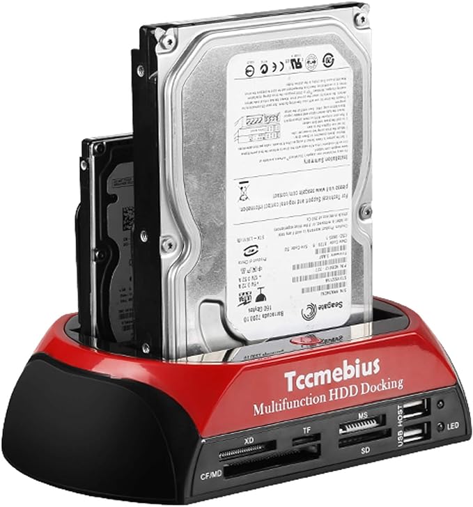 Hard Drive Docking Station TCC-S862-US USB 2.0 to 2.5 3.5 Inch SATA IDE Dual Slots External Enclosure with All in 1 Card Reader and USB 2.0 Hub for 2.5 3.5 IDE SATA I/II/III HDD SSD