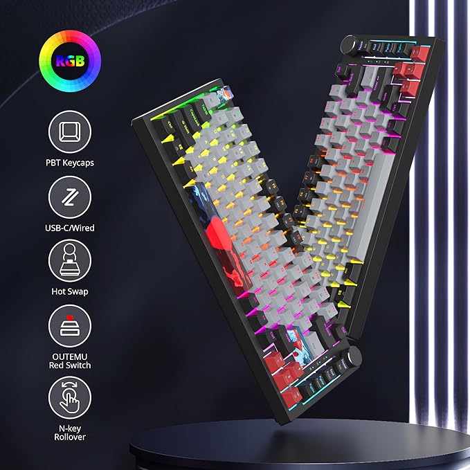 Fogruaden Wired 75% Mechanical Keyboard Hot Swappable Gasket Mount With Red Switch RGB Backlit 82 Keys TKL NKRO Compact Gaming With Knob (Dolch)