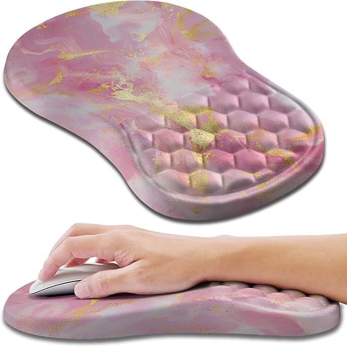 Hokafenle Ergonomic Mouse Pad Wrist Support Wrist Rest Mousepad for Carpal Tunnel Pain Relief with Integrated Memory Foam Slope Massage Bulge (11.8x7.9 inchPink Gold Marble