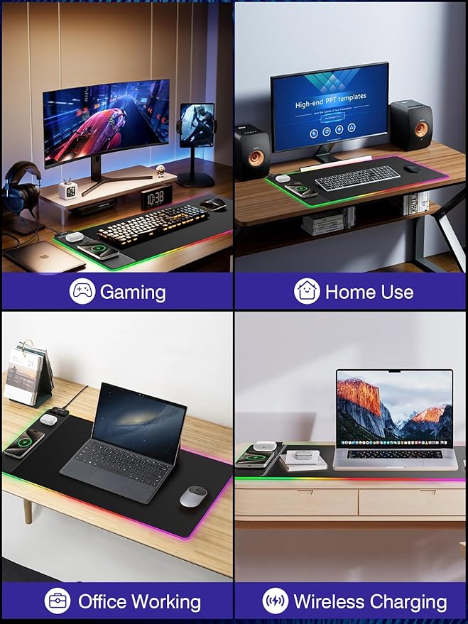 Wireless Charging Mouse Pad 15W RGB Gaming Mouse Pad with Wireless Charger for iPhone/Airpods 31.5x15.7 XXL Large Desk Mat 13 Light Modes Magnetic Charging Waterproof Desk Pad for Gamer Black