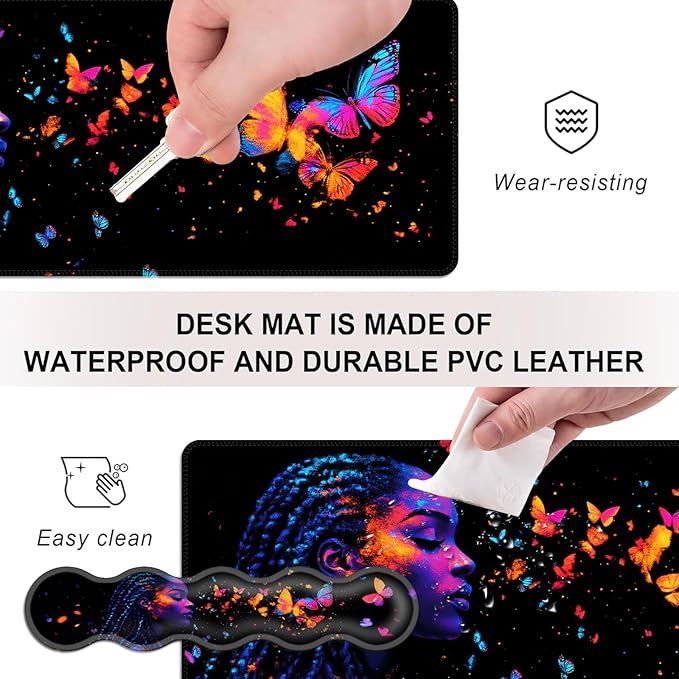 Mouse PadLarge Desk Mat Set 4in1 XL Mousepad + Keyboard Wrist Rest+Mouse Wrist Rest+Coaster with Ergonomic Desk Pad for Home Office Table Computer Cover -Neon Woman with Butterflies