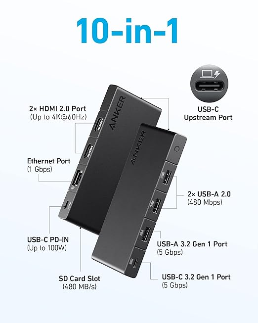 Anker 364 USB C Hub (10-in-1 Dual 4K HDMI) with Max 100W Power Delivery Dual 4K@60Hz HDMI Ports 4 USB-A and USB-C Data Ports &amp 8K@60Hz HDMI Cable Ultra High Speed 4K@120Hz 48Gbps 6.6 ft