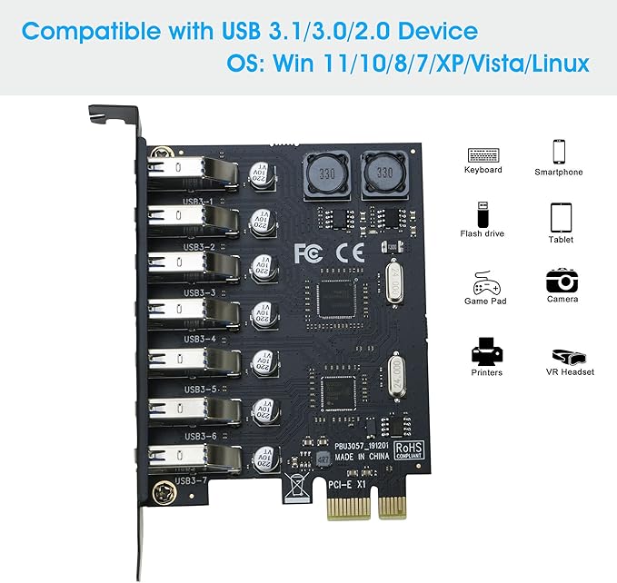 USB 3.0 PCI-e Expansion Card 7Port RIITOP PCI-e x1 to USB 3.0 HUB Adapter 5Gbps (No Power Need)