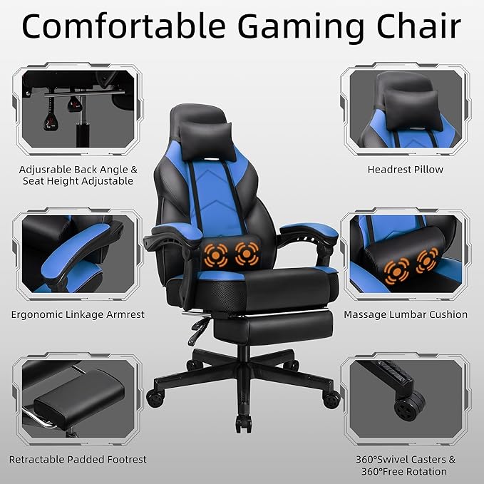 Shintenchi Gaming ChairVideo Game Chair with footrest and Massage Lumbar SupportHeight Adjustable Game Chair with 360°Swivel Seat Ergonomic Computer Chair with Headrest for Office or Gaming(Blue)