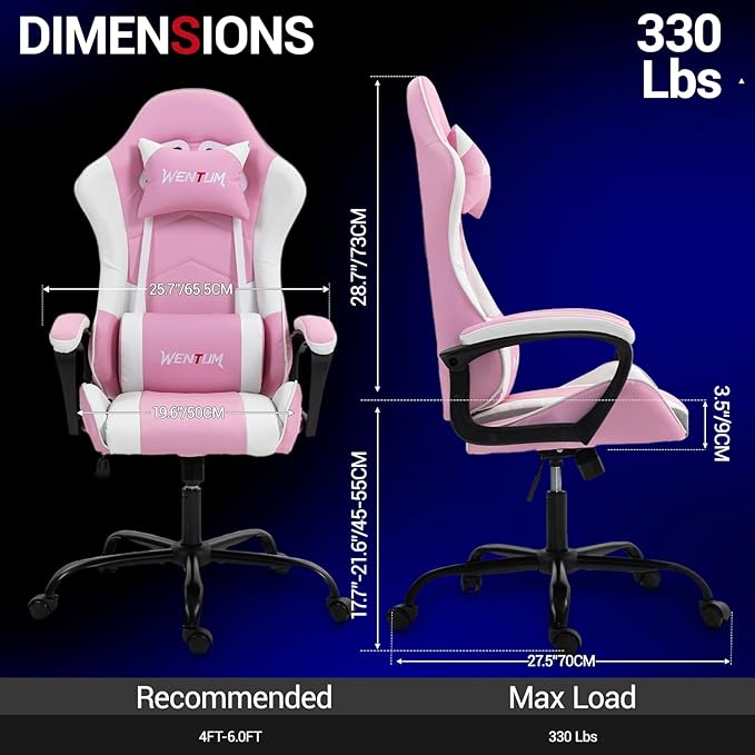 Gaming Chair PU Leather Massage PC Video Game Chair with Lumbar Support for Men Women Home Office Height Adjustable Ergonomic High Back Pink
