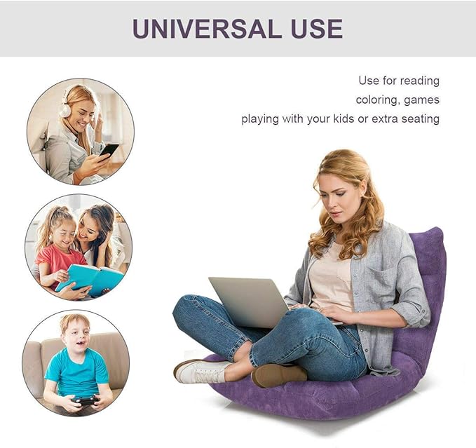 Purple Adjustable 14-Position Folding Floor Chair Gaming Lazy Sofa Chair Cushioned New