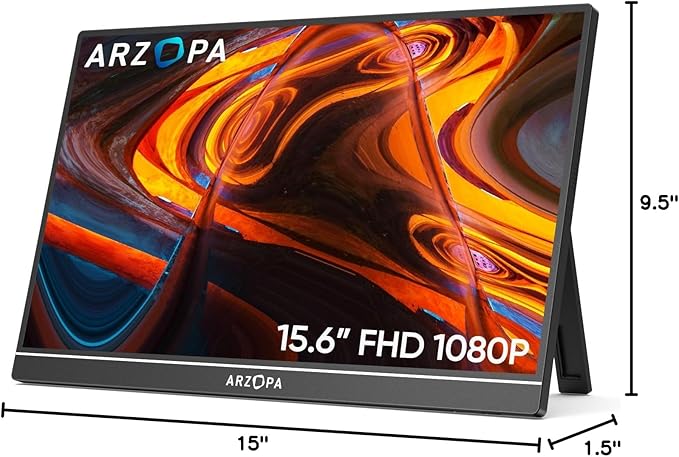 ARZOPA Portable Monitor 15.6'' FHD 1080P - Ultra-Slim Portable Laptop Monitor with Kickstand - IPS Display for PC MAC Phone Xbox PS5 - USB C &amp HDMI Connectivity - A1