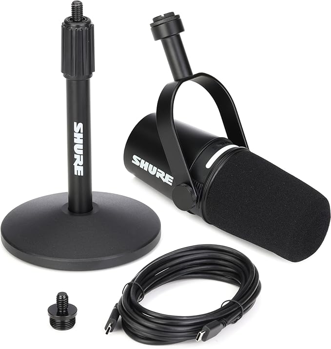 Shure MV7+ Hybrid Podcast Microphone with Adjustable Boom Arm Stand - USB &amp XLR Connectivity for Streaming Recording and Podcasting