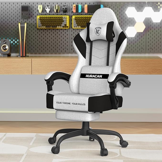 Ferghana Cotton Fabric Gaming Chair with Wider Seat Cushion Shield-Shaped Embroidery Ergonomic High Back Game Chair with Footrest Computer Chair with Massage Lumbar Support for Adult White