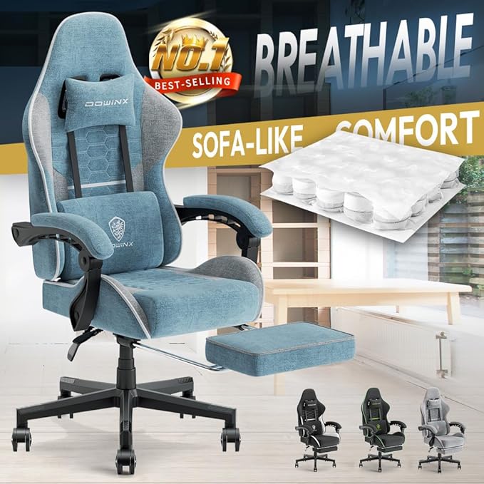 Dowinx 5TE8 Gaming Chair Fabric with Pocket Spring Cushion Massage Game Chair Cloth with Headrest Ergonomic Computer Chair with Footrest 290LBS