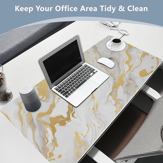 Mouse Pad Desk Mat Leather Desk Pad Large Gaming Desk Cover Protector Mat for Keyboard Computer Laptop Office Waterproof 35.4 x 16.5 Inch Marble White and Luxury Gold