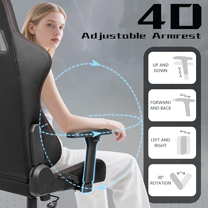 Gaming Chair 4D Adjustable Armrests - 170° Reclining &amp 320lb Capacity High Back Ergonomic Computer Chair with Lumbar Support Office Game Chair for Adults PU Black