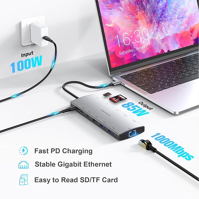 RSHTECH USB C Hub Docking Station Dual Monitor 12 in 1 Triple Display Multiport Adapter with 2 HDMI 4K DP 3 USB 3.2 10Gbps 2 USB 3.0 Ports 100W PD Gigabit Ethernet SD/TF for MacBook Laptops