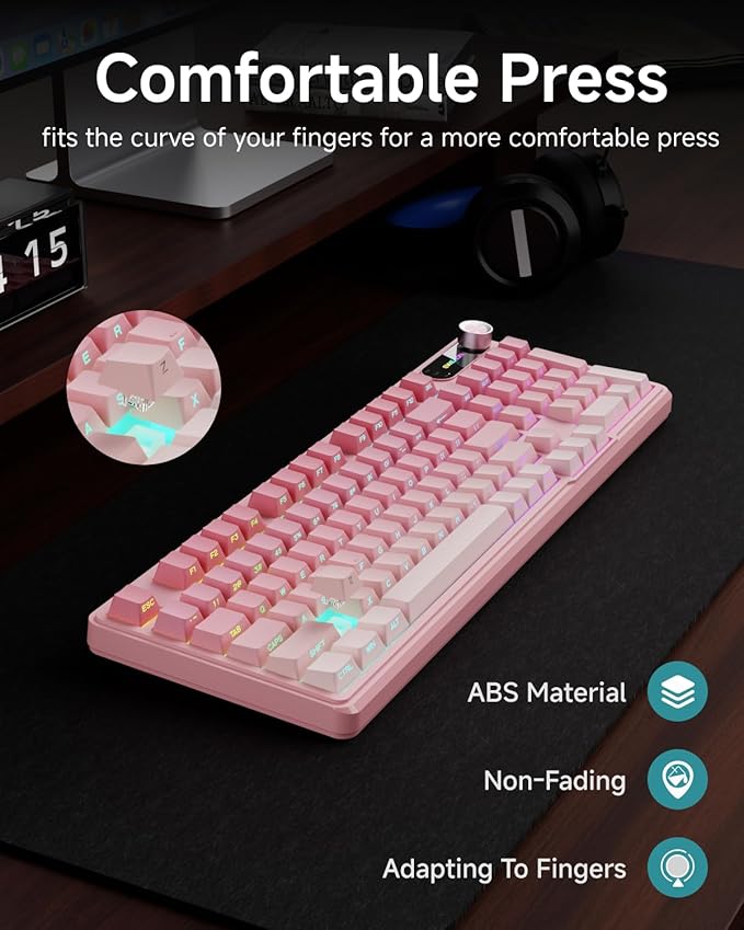 V102 Wired Keyboard 98 Keys Creamy Gaming Keyboard with Number Pad Display Screen &amp Media Knob RGB Silent Wired Cute Computer Keyboard for Laptop PC Gamer - Gradient Pink