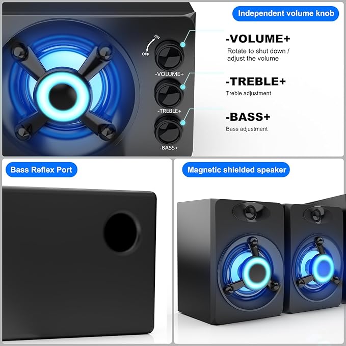 D-208 Computer Speakers with Subwoofer 2.1 Hi-Fi PC Speakers System with RGB Lighting  Enhanced Bass Plug and Play USB/USB-C Powered and 3.5mm Aux in for Desktop Monitor Laptop Tablet (Black)