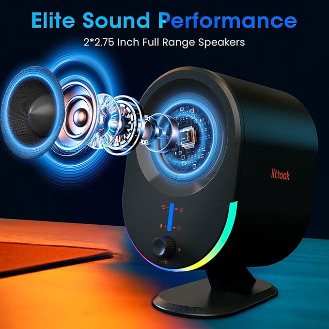 Computer Speakers LITTOAK Bluetooth PC Speakers AC Powered Gaming Speaker with 3 EQ Modes Stereo Speakers with 6 RGB Modes Aux in Headphone USB port Speaker for Laptop/Desktop/TV 2*15W 2.0 CH