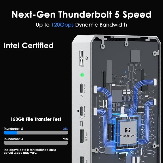 WAVLINK Intel Certified Thunderbolt 5 Docking Station: TB5 Dock with 120Gbps Max Transfer Thunderbolt 5 hub with 140W Max Charging 4X USB-A 3.2 Gen 2 Cooling System 8K Display for TBT 5/4 Laptops