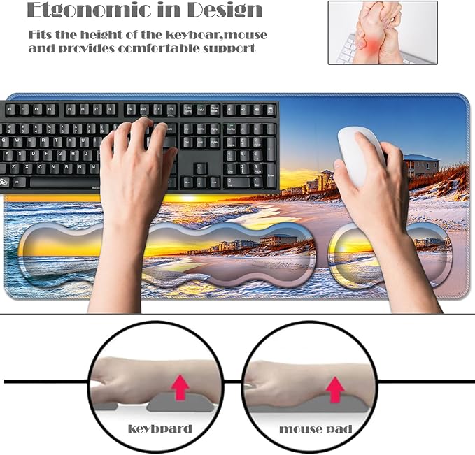Ergonomic Keyboard Wrist Rest &amp Mouse Pad Wrist Rest SetXL Gaming Desk Mat 31.5x 11.8Non-Slip BaseMemory FoamEasy Typing Pain Relief for Office &amp HomeSunset with Beach Houses