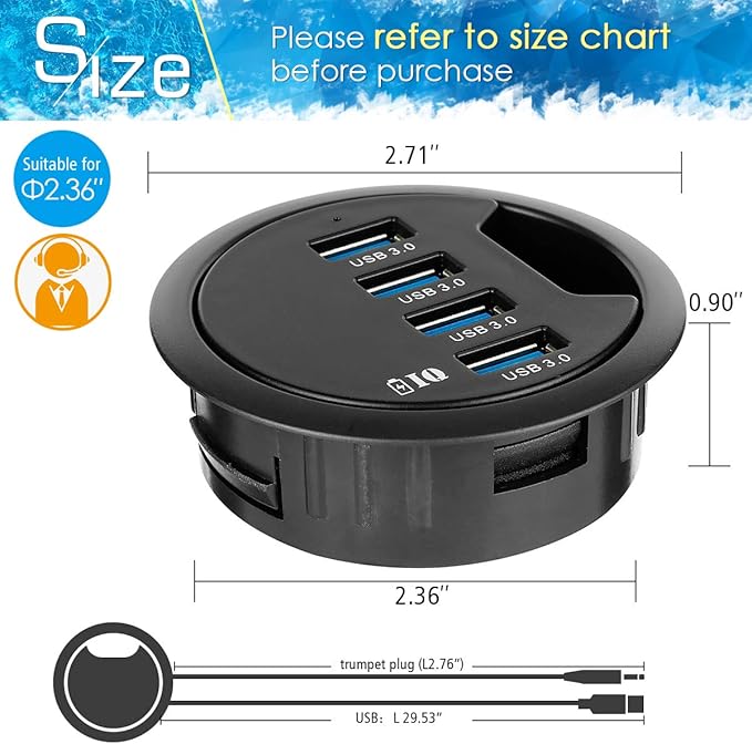 WDX Grommet Hole in Desk USB 3.0 4 Port Hub/BC 1.2 USB Charger for iPad/Tablet and iPhone/Smart Phones