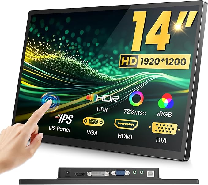 14-Inch Industrial Use Touchscreen Monitor FHD 1920×1200 HDR IPS 500 nits 100% sRGB Multi-Port HDMI VGA DVI Compatible with Laptop PC PS5/PS4 Xbox/Game