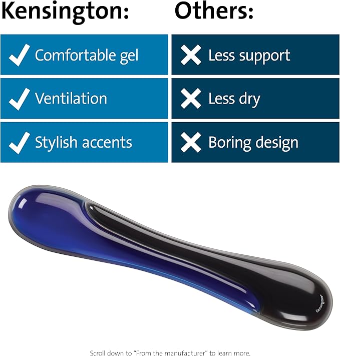 Kensington Duo Gel Wrist Rest for Keyboard Wrist Pad for Keyboard Ergonomic Keyboard Wrist Pad Computer Keyboard Pad with Wrist Support Cooling Gel Non-Skid Backing Blue K62397AM 19 x3.7
