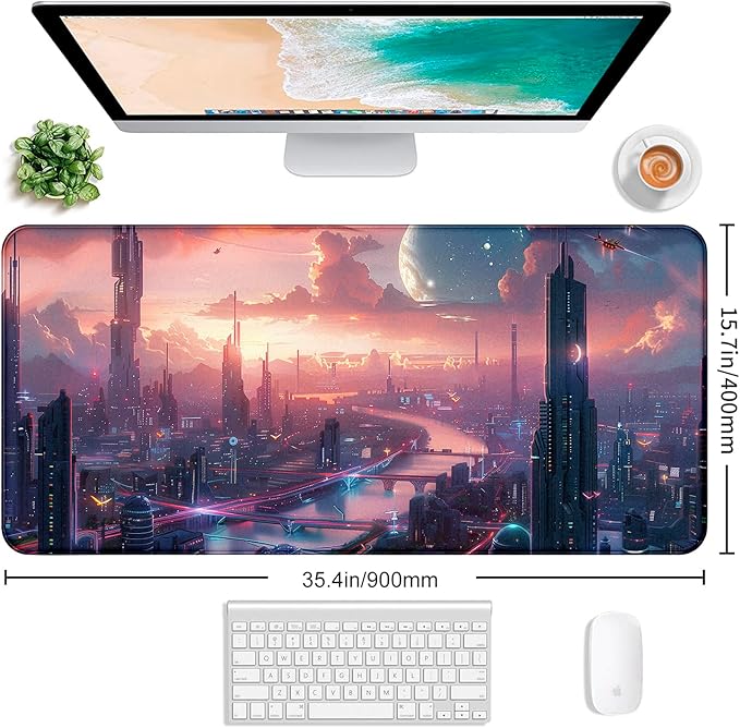 Digital Anime City Night View Office Art Desk Mat Female Aesthetic Style Oversized Stitched Edge Laptop Keyboard Desk Mat 35.4 x 15.7 x 0.12 Inches