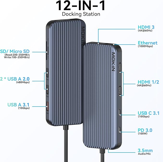 3 HDMI Laptop Docking Station MOKiN USB C Dock 3 Monitors 12 in 1 USB C to 3 HDMI Adapter with 10Gbps USB A&ampC 3.1 2*USB A 2.0 100W PD EthernetSD/TFAudio Port for HP/Dell/Lenovo