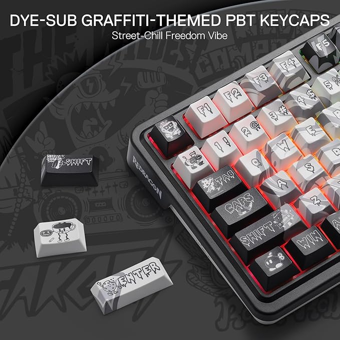 Redragon K719 PRO Wireless Gasket Gaming Keyboard w/Hype Screen &amp Knob 95 Keys Mechanical Keyboard Easy-Control 1.14’’ TFT Info Display 5-Layer Noise Dampening Street Graffiti Dye-Sub PBT Keyc