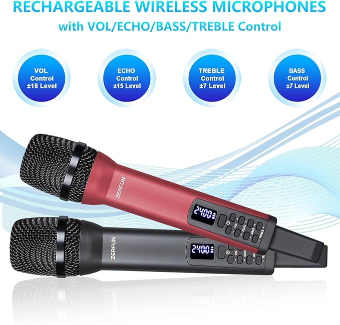 Dual Rechargeable Wireless Microphones Pro Handheld Cordless Mics System with Echo Treble BASS VOL Control for Karaoke Singing Church Party 1/4'' Output Grey&ampRed