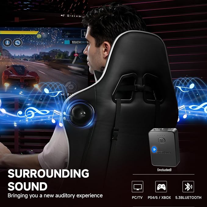 GTPLAYER Gaming ChairGamer Chair with Bluetooth and Adjustable BackrestSeat Height Adjustable Computer Chairs with 3D ArmrestsVideo Game Chair with Footrest Speakers (White)
