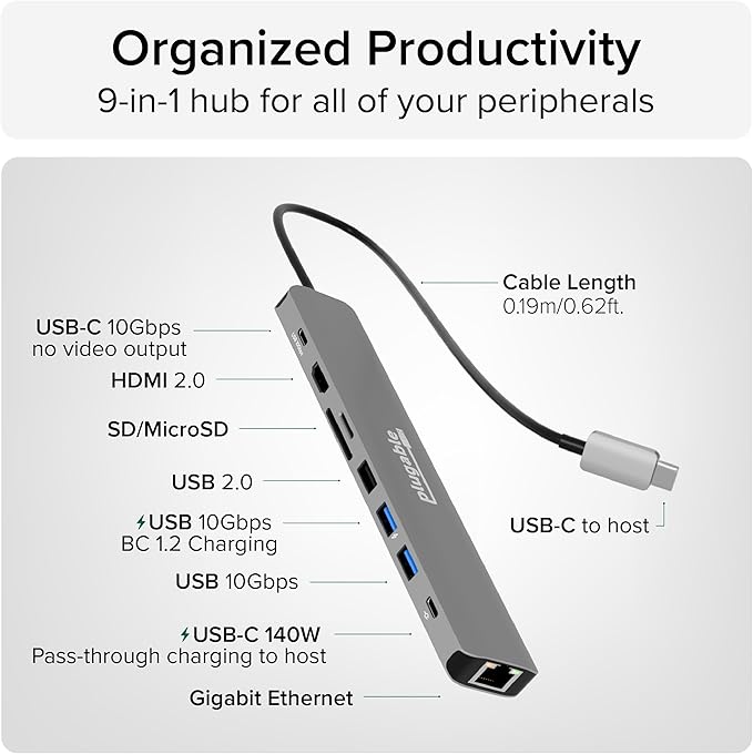 Plugable USB C Hub Multiport Adapter: 9-in-1 with 140W PD Charging 4K 60Hz HDMI 10Gbps Data Transfer Gigabit Ethernet SD for USBC USB4 Thunderbolt MacBook Windows Chromebook (USBC-9IN1E)