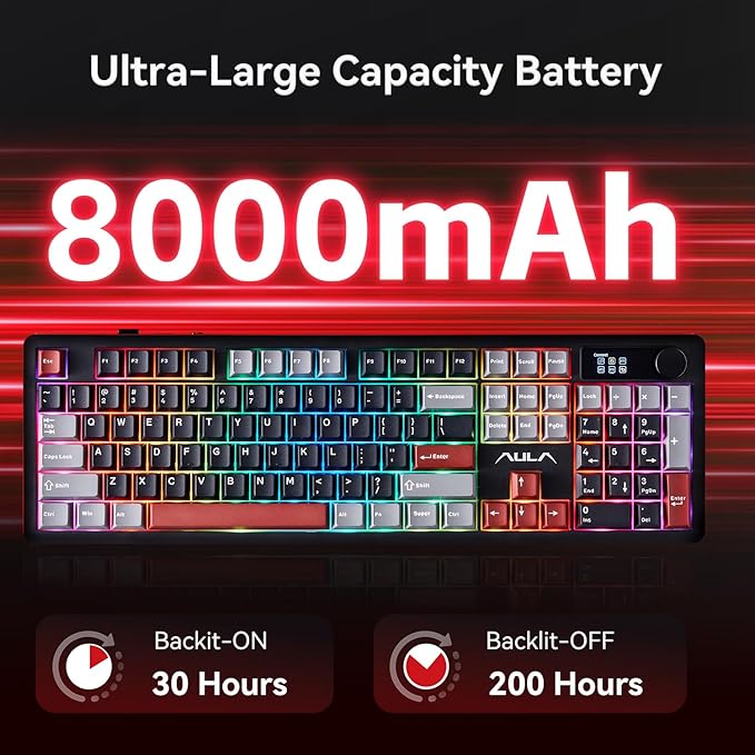 AULA F106 PRO Wireless Mechanical Keyboard 104 Keys Gaming Keyboard with Knob &amp Screen Tri-Mode RGB Hot Swappable Creamy Sounding Computer Keyboards for PC/Laptop/Windows - Black Red
