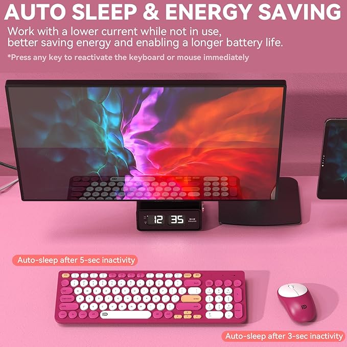 FD Wireless Keyboards and Mouse Combo - 2.4GHz USB Cordless Cute Wireless Keyboard Round Keys Quiet and Slim Set for Laptop Computer TV and Mac - Strawberry White Colorful