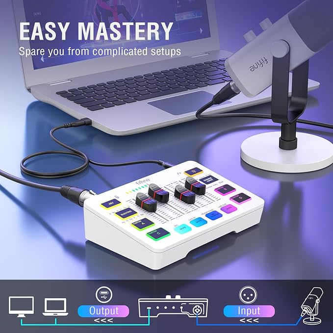 FIFINE XLR/USB Dynamic Microphone and Gaming Streaming PC Mixer SetComputer Mic with RGB LightMute ButtonAudio Mixer with XLR Microphone Interface Kit for Video/Game Voice/Podcast(AM8+SC3W)